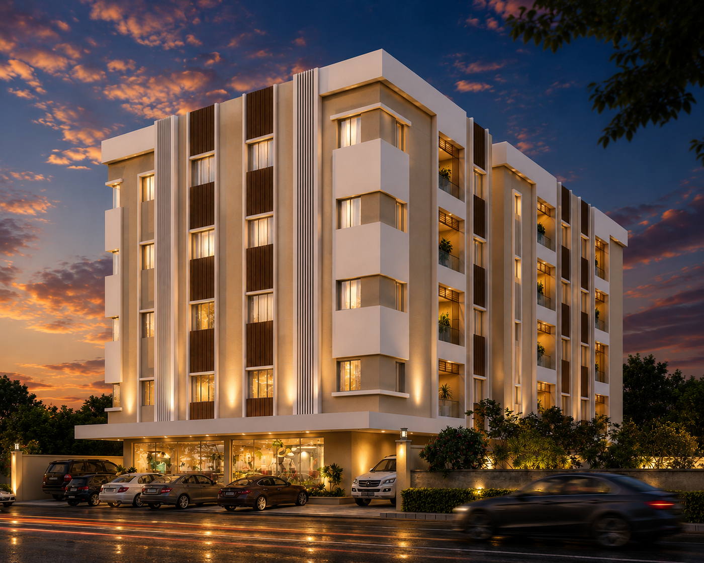 Farsad Apartments, evening view